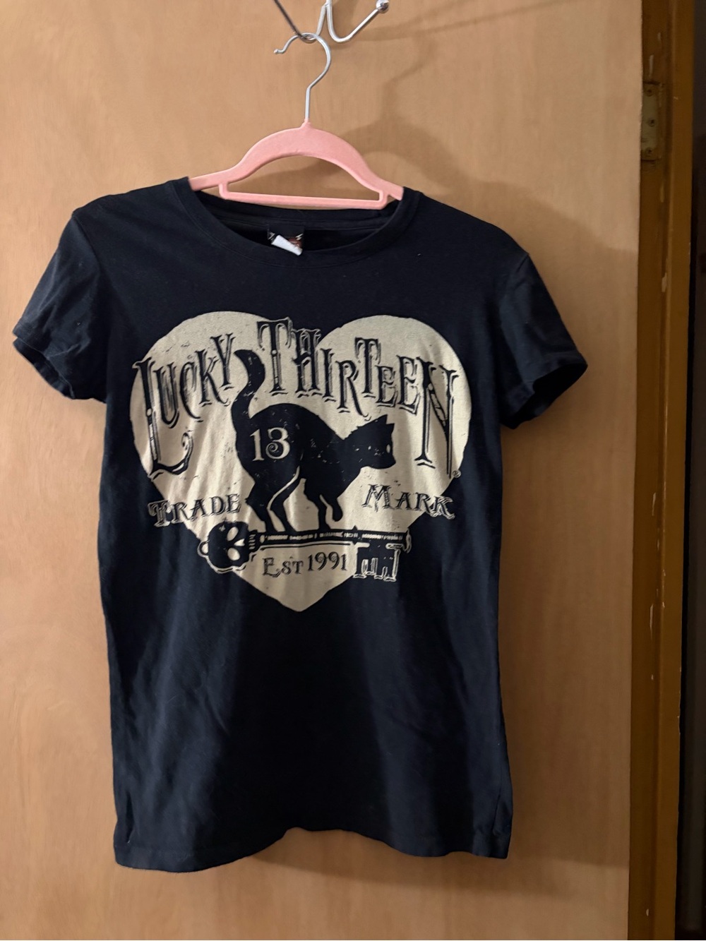 Lucky Brand Black Tee with Cream Heart & Cat Graphic